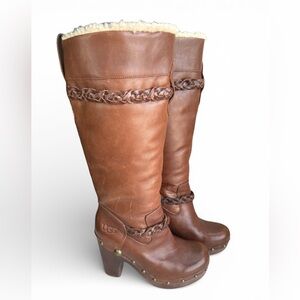 UGG SAVANNA Clog Brown Leather Knee High Boots Sherpa Lined Sz 6
